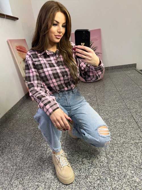 NB217 Koszula Damska Bawełna Flanelowa w Kratę Różowo-Brązowa