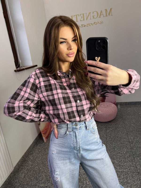 NB217 Koszula Damska Bawełna Flanelowa w Kratę Różowo-Brązowa