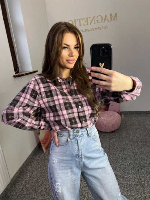 NB217 Koszula Damska Bawełna Flanelowa w Kratę Różowo-Brązowa