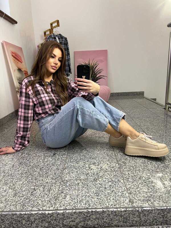 NB217 Koszula Damska Bawełna Flanelowa w Kratę Różowo-Brązowa