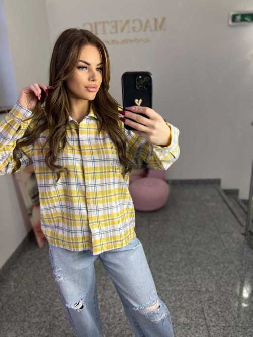 NB217 Koszula Damska Bawełna Flanelowa w Kratę Żółta
