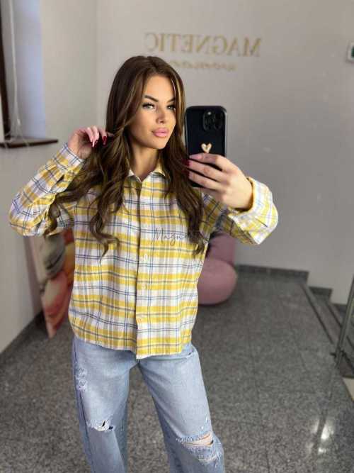 NB217 Koszula Damska Bawełna Flanelowa w Kratę Żółta