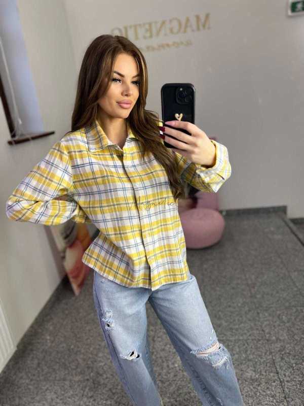 NB217 Koszula Damska Bawełna Flanelowa w Kratę Żółta