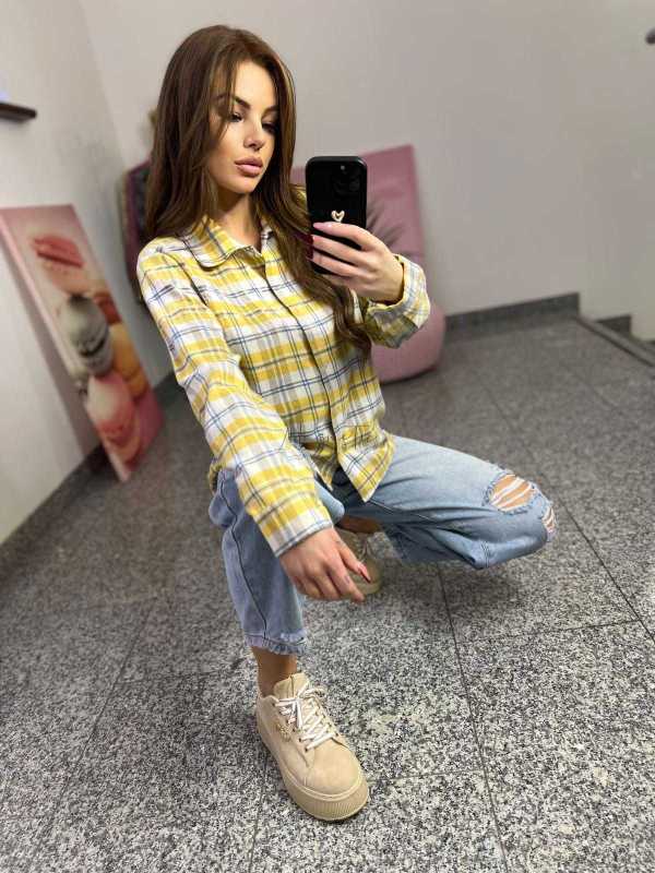 NB217 Koszula Damska Bawełna Flanelowa w Kratę Żółta