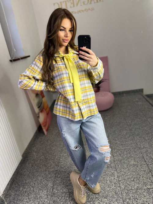 NB217 Koszula Damska Bawełna Flanelowa w Kratę Żółta