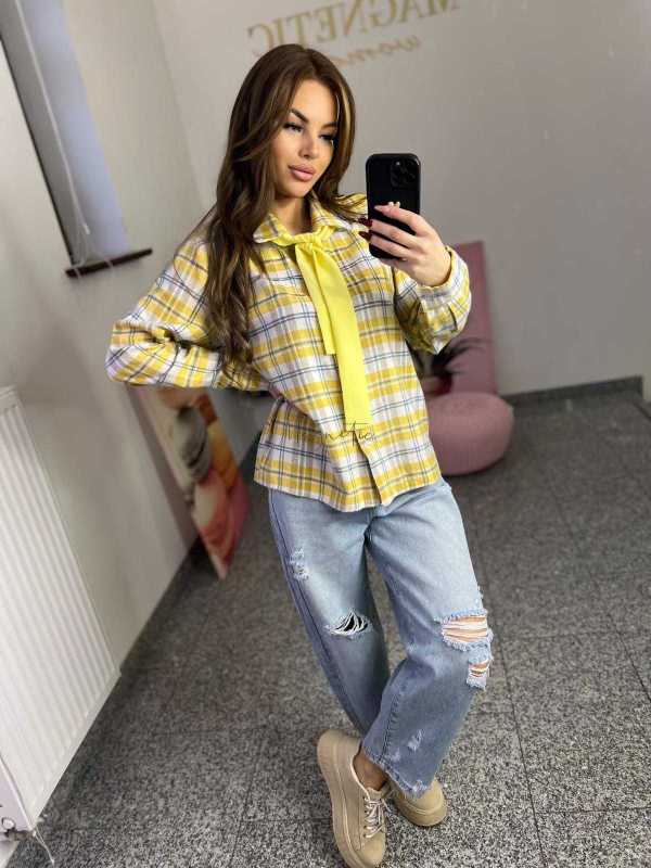 NB217 Koszula Damska Bawełna Flanelowa w Kratę Żółta
