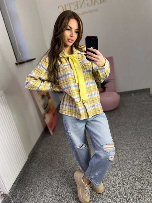 NB217 Koszula Damska Bawełna Flanelowa w Kratę Żółta