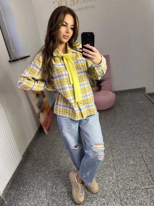 NB217 Koszula Damska Bawełna Flanelowa w Kratę Żółta