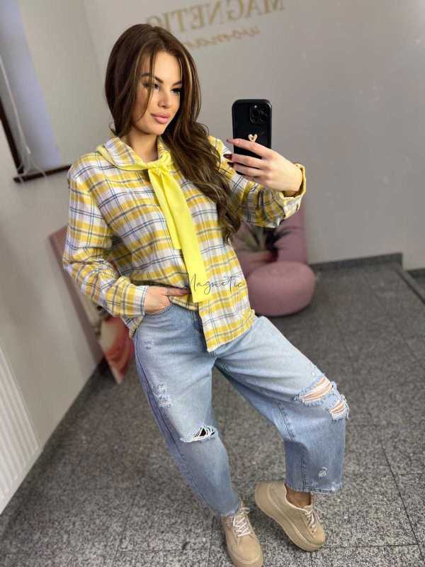 NB217 Koszula Damska Bawełna Flanelowa w Kratę Żółta