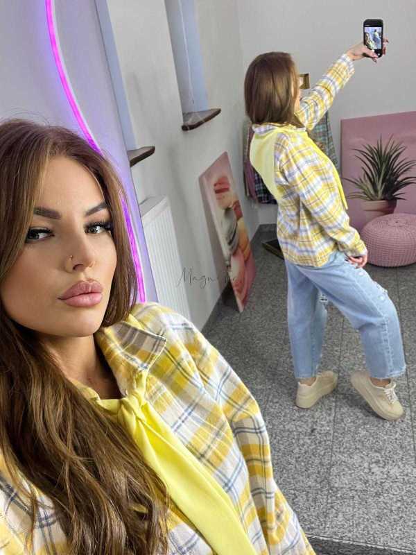 NB217 Koszula Damska Bawełna Flanelowa w Kratę Żółta