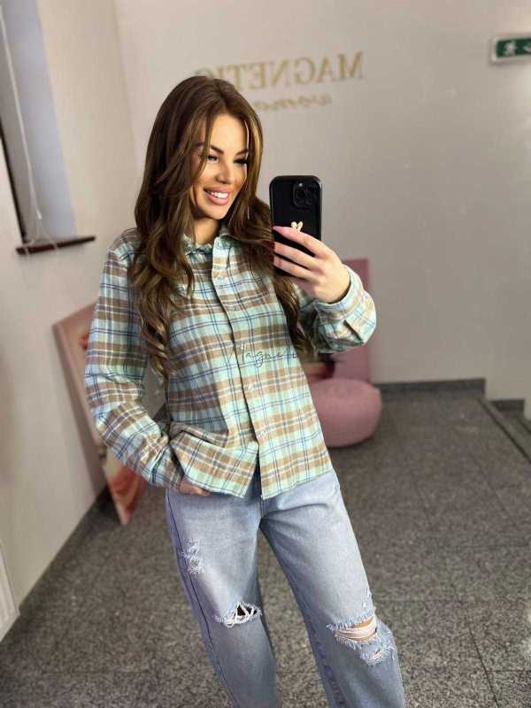 NB217 Koszula Damska Bawełna Flanelowa w Kratę Turkusowa