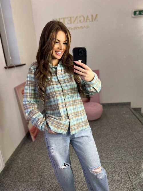 NB217 Koszula Damska Bawełna Flanelowa w Kratę Turkusowa