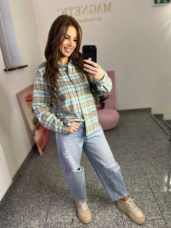 NB217 Koszula Damska Bawełna Flanelowa w Kratę Turkusowa