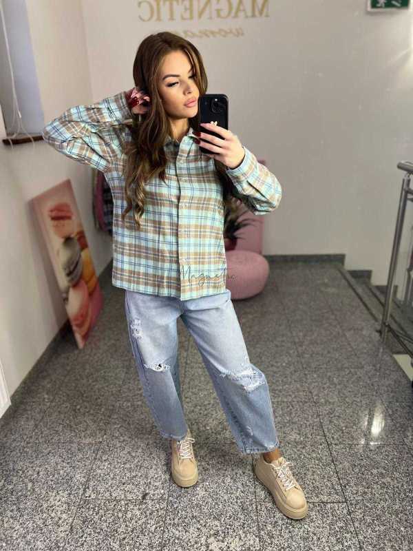 NB217 Koszula Damska Bawełna Flanelowa w Kratę Turkusowa