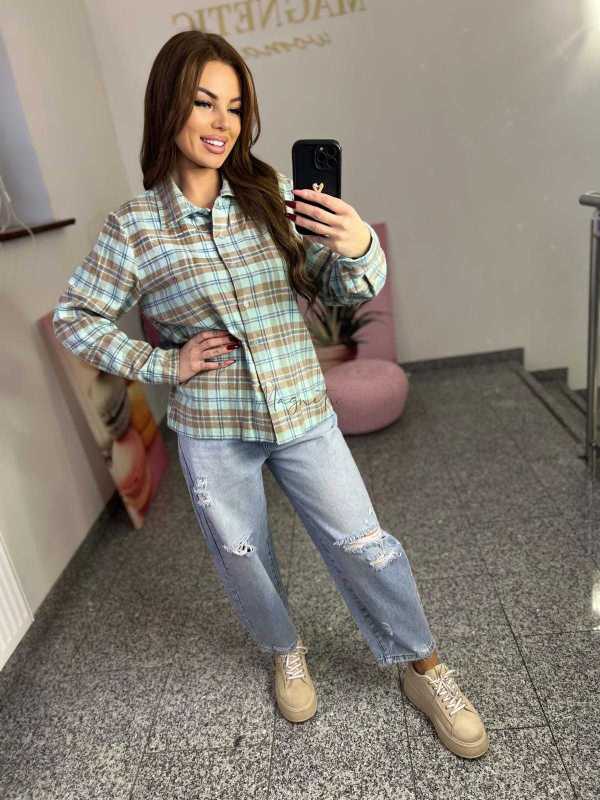 NB217 Koszula Damska Bawełna Flanelowa w Kratę Turkusowa