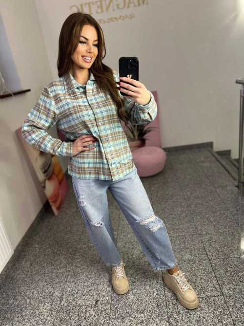 NB217 Koszula Damska Bawełna Flanelowa w Kratę Turkusowa