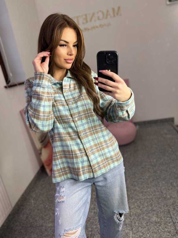 NB217 Koszula Damska Bawełna Flanelowa w Kratę Turkusowa