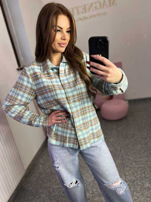 NB217 Koszula Damska Bawełna Flanelowa w Kratę Turkusowa