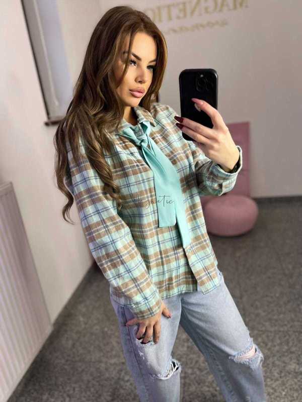 NB217 Koszula Damska Bawełna Flanelowa w Kratę Turkusowa