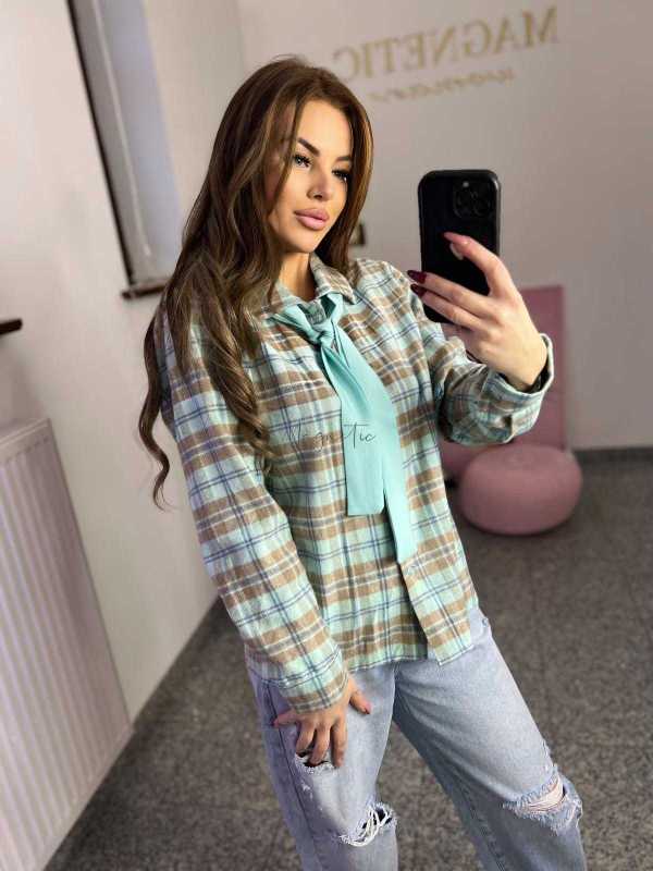 NB217 Koszula Damska Bawełna Flanelowa w Kratę Turkusowa