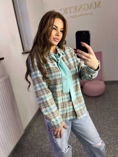 NB217 Koszula Damska Bawełna Flanelowa w Kratę Turkusowa