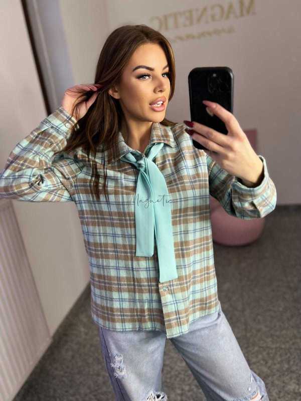NB217 Koszula Damska Bawełna Flanelowa w Kratę Turkusowa