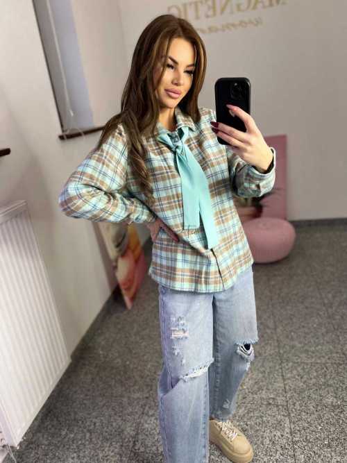 NB217 Koszula Damska Bawełna Flanelowa w Kratę Turkusowa
