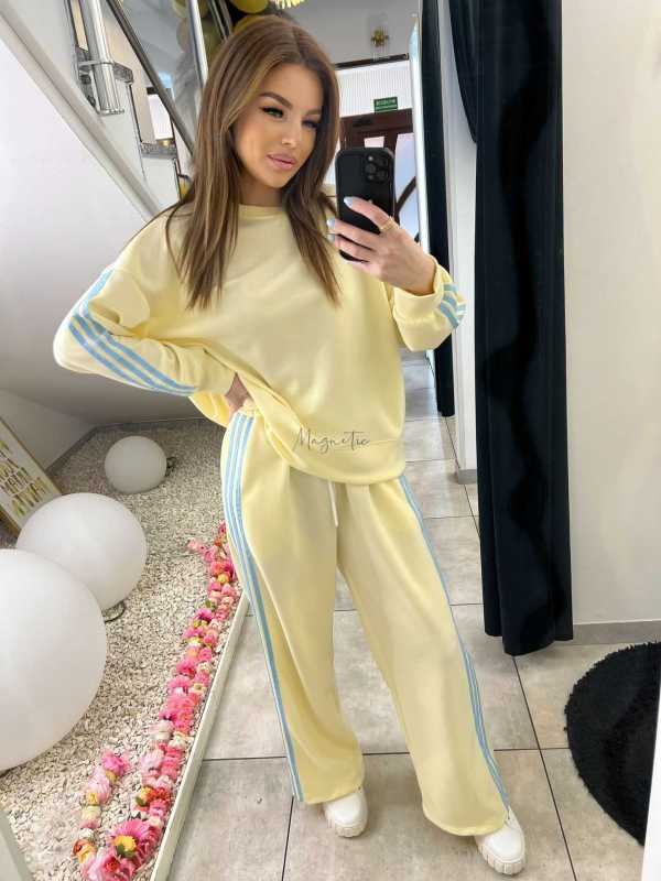 NB201 Komplet Dresowy Damski Masełkowy Szeroka Nogawka Paski Żółty