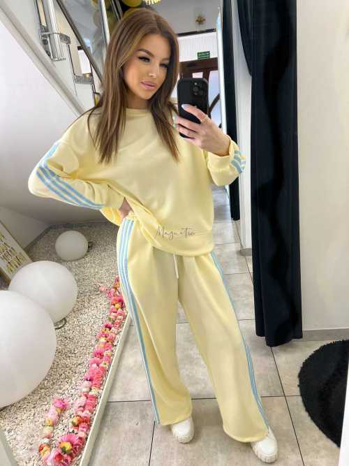 NB201 Komplet Dresowy Damski Masełkowy Szeroka Nogawka Paski Żółty
