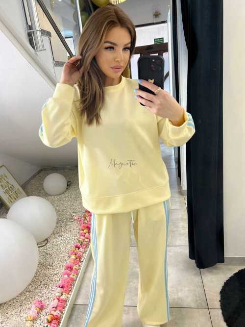NB201 Komplet Dresowy Damski Masełkowy Szeroka Nogawka Paski Żółty