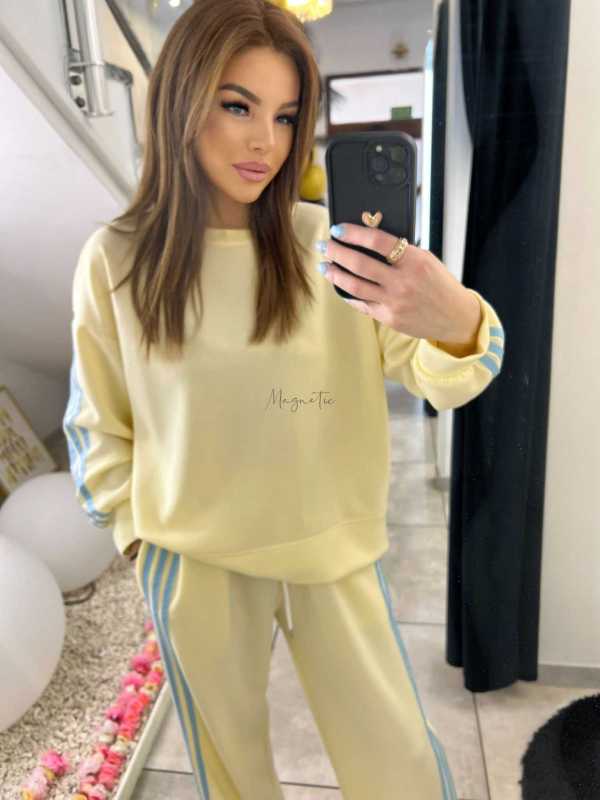 NB201 Komplet Dresowy Damski Masełkowy Szeroka Nogawka Paski Żółty