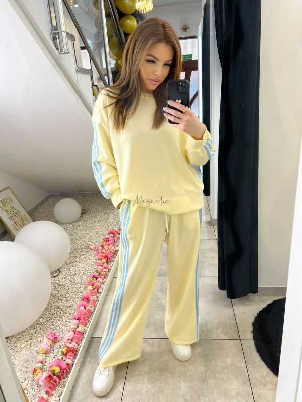 NB201 Komplet Dresowy Damski Masełkowy Szeroka Nogawka Paski Żółty