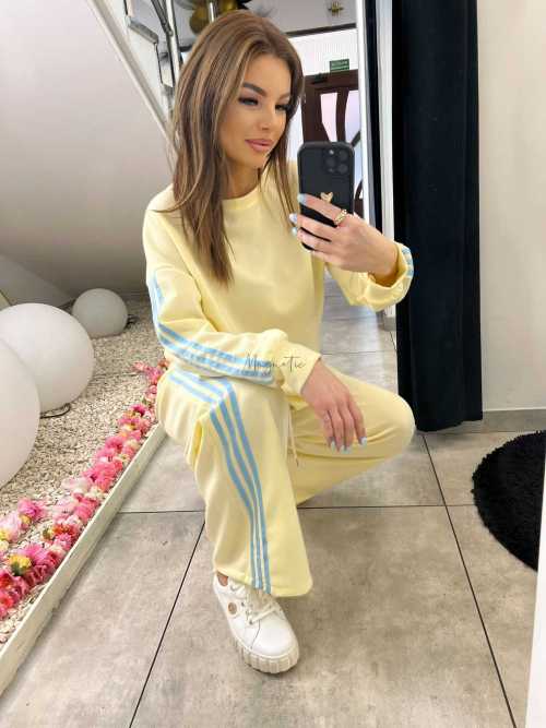 NB201 Komplet Dresowy Damski Masełkowy Szeroka Nogawka Paski Żółty