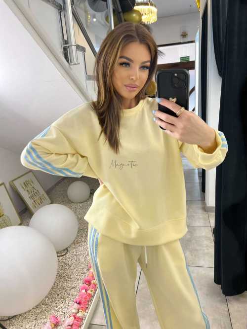 NB201 Komplet Dresowy Damski Masełkowy Szeroka Nogawka Paski Żółty