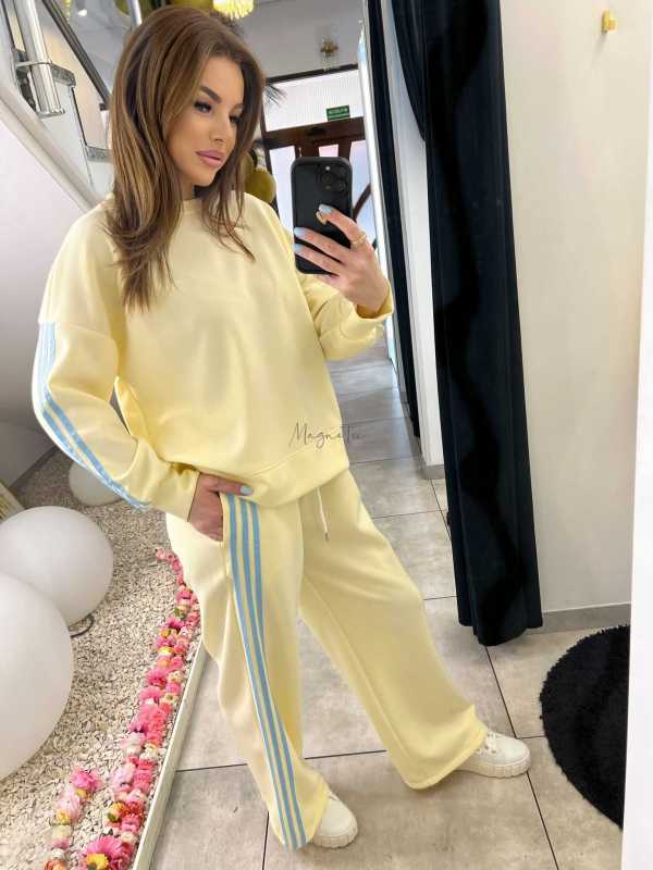 NB201 Komplet Dresowy Damski Masełkowy Szeroka Nogawka Paski Żółty