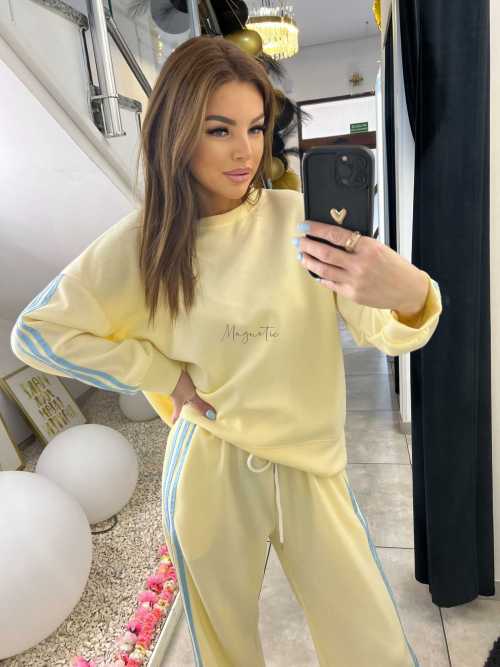 NB201 Komplet Dresowy Damski Masełkowy Szeroka Nogawka Paski Żółty