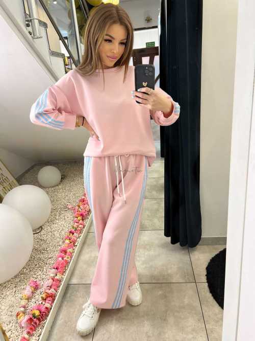 NB201 Komplet Dresowy Damski Masełkowy Szeroka Nogawka Paski Różowy
