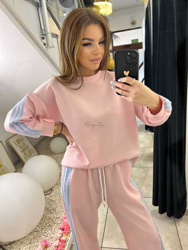 NB201 Komplet Dresowy Damski Masełkowy Szeroka Nogawka Paski Różowy