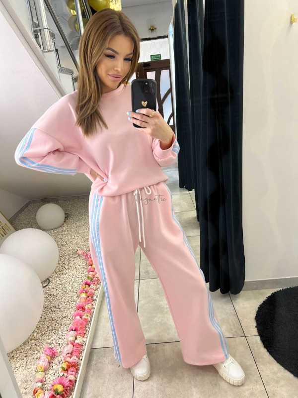 NB201 Komplet Dresowy Damski Masełkowy Szeroka Nogawka Paski Różowy