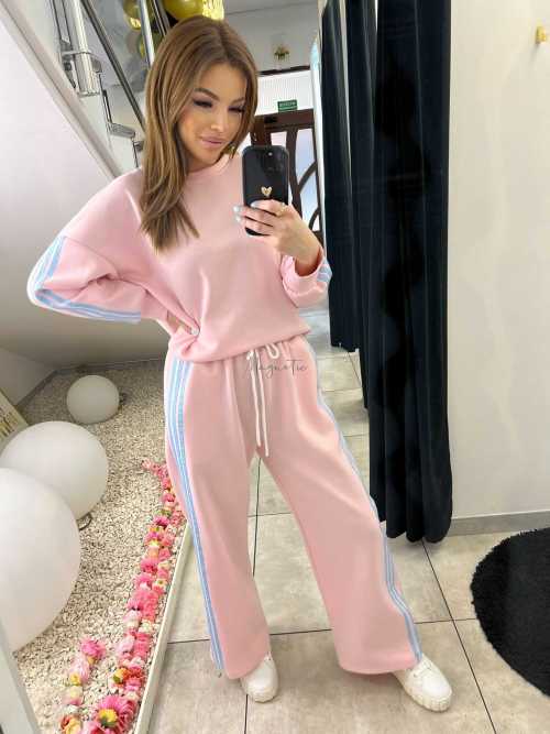 NB201 Komplet Dresowy Damski Masełkowy Szeroka Nogawka Paski Różowy