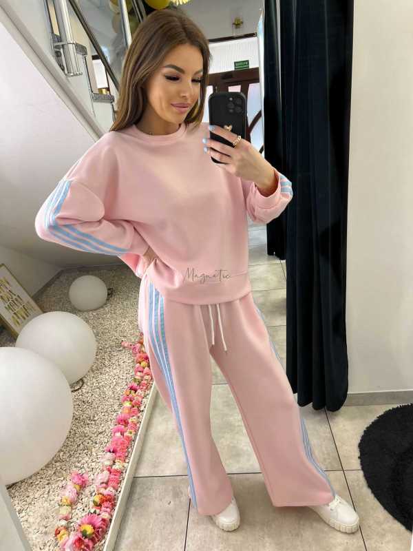 NB201 Komplet Dresowy Damski Masełkowy Szeroka Nogawka Paski Różowy