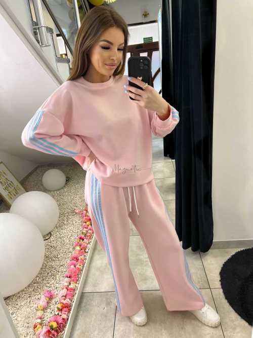 NB201 Komplet Dresowy Damski Masełkowy Szeroka Nogawka Paski Różowy