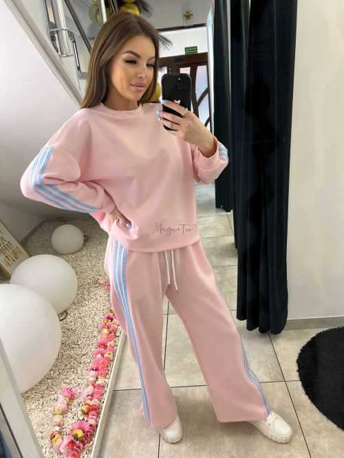 NB201 Komplet Dresowy Damski Masełkowy Szeroka Nogawka Paski Różowy