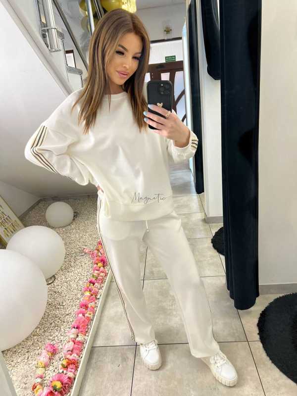 NB202 Komplet Dresowy Damski Masełkowy Szeroka Nogawka Lampasy Biały