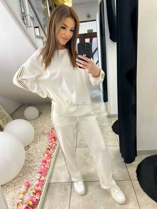 NB202 Komplet Dresowy Damski Masełkowy Szeroka Nogawka Lampasy Biały