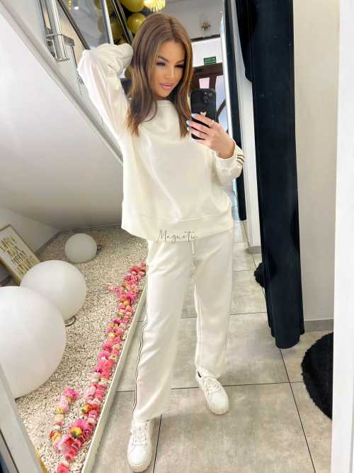 NB202 Komplet Dresowy Damski Masełkowy Szeroka Nogawka Lampasy Biały