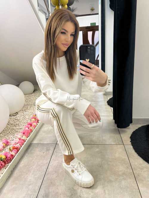 NB202 Komplet Dresowy Damski Masełkowy Szeroka Nogawka Lampasy Biały