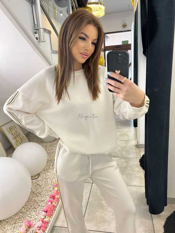 NB202 Komplet Dresowy Damski Masełkowy Szeroka Nogawka Lampasy Biały