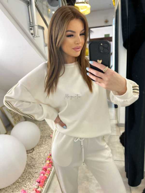 NB202 Komplet Dresowy Damski Masełkowy Szeroka Nogawka Lampasy Biały