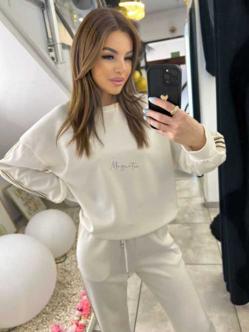 NB202 Komplet Dresowy Damski Masełkowy Szeroka Nogawka Lampasy Biały